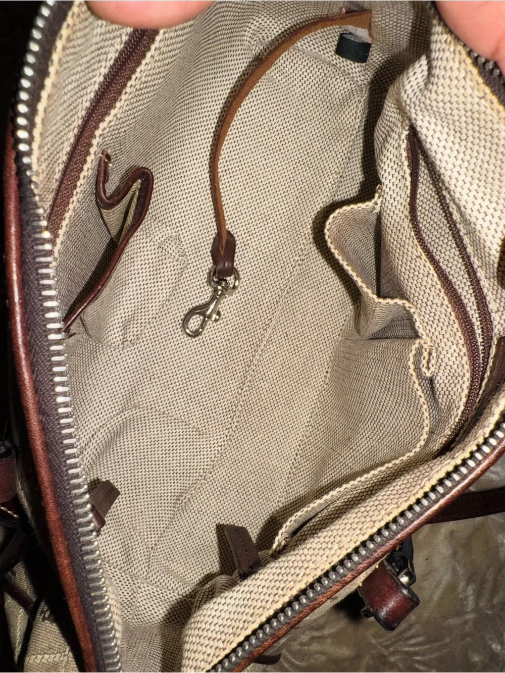 Dooney & Bourke Beige Logo Quilted Barrel Shoulder Bag with Brown Trim